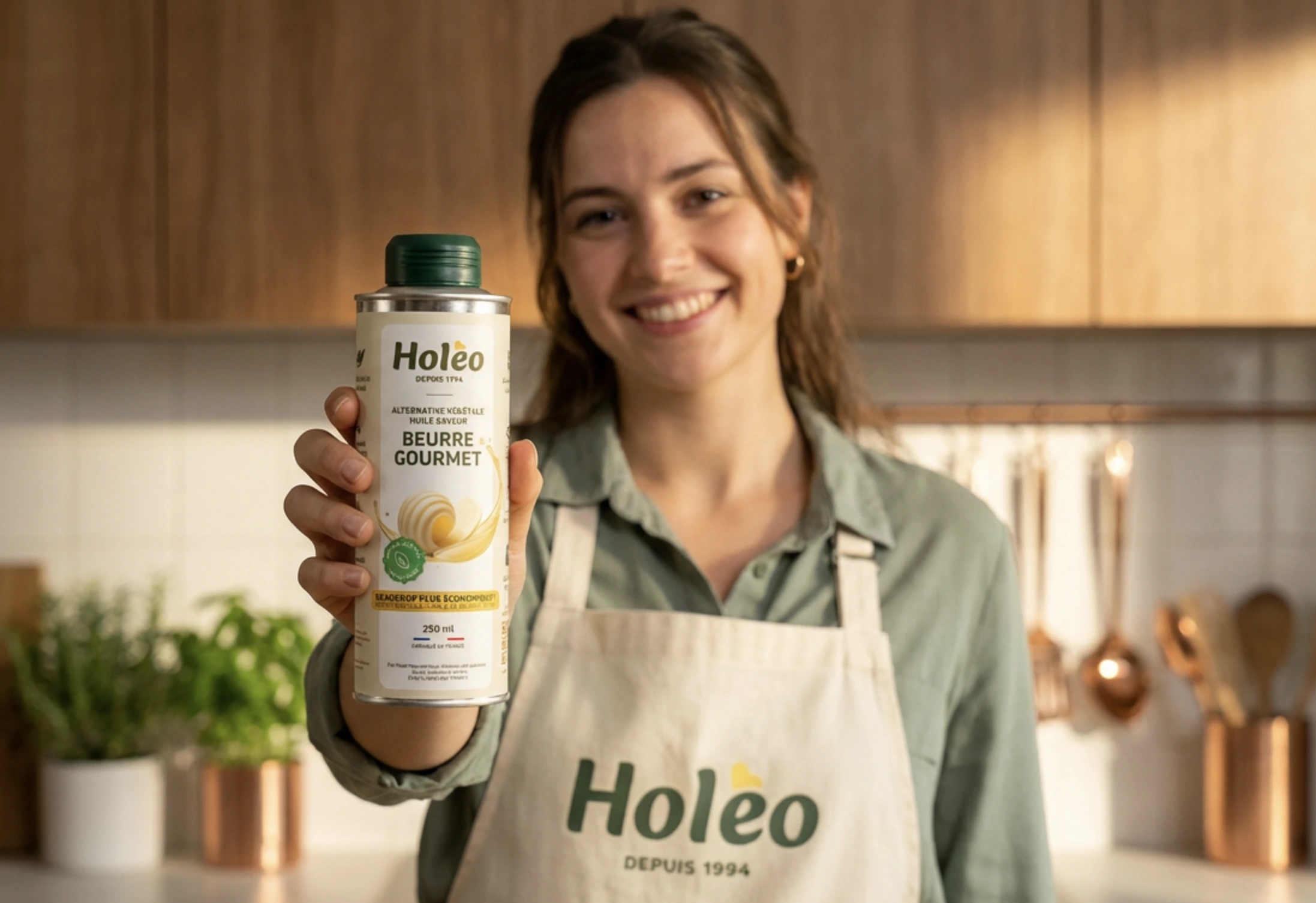 Woman holding a Holéo bottle in the kitchen